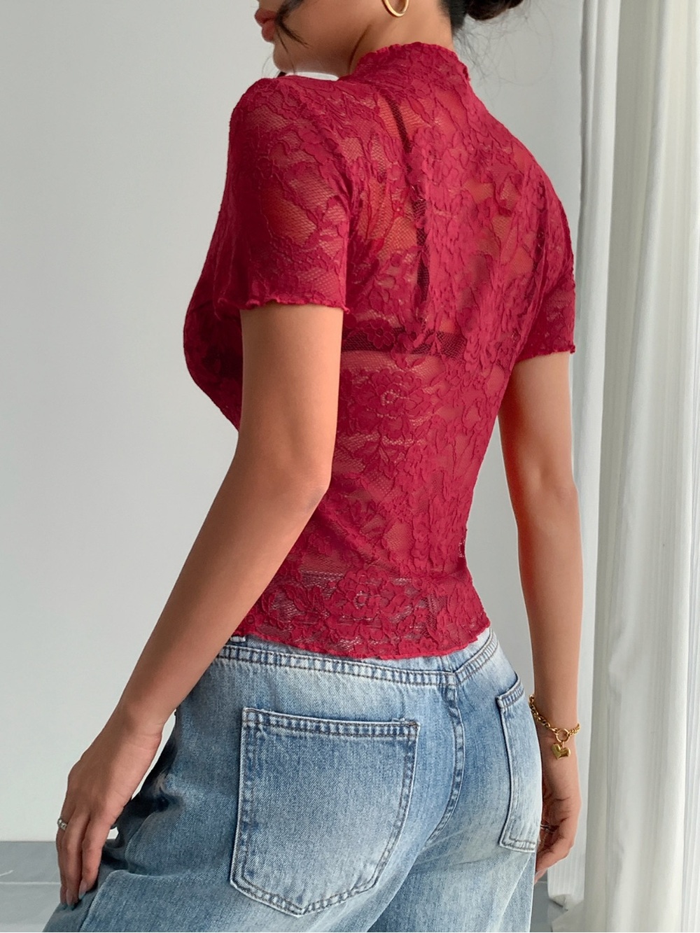 Lace Mock Neck Short Sleeve Top - Picture 8 of 14